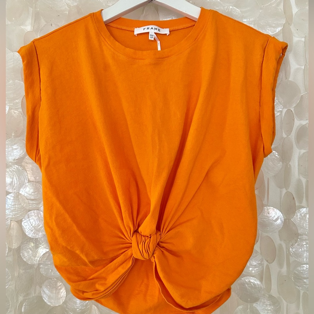 FRAME Front Knot Cotton Tee Cuffed Rolled Sleeve Orange Women’s XXS EUC!